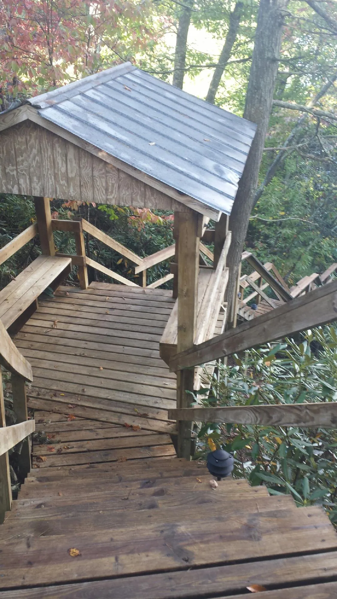 Metal roofed shelter over wooden steps on a wooded walkway — Skylight Repair & Installation work by our crew in Pinebluff